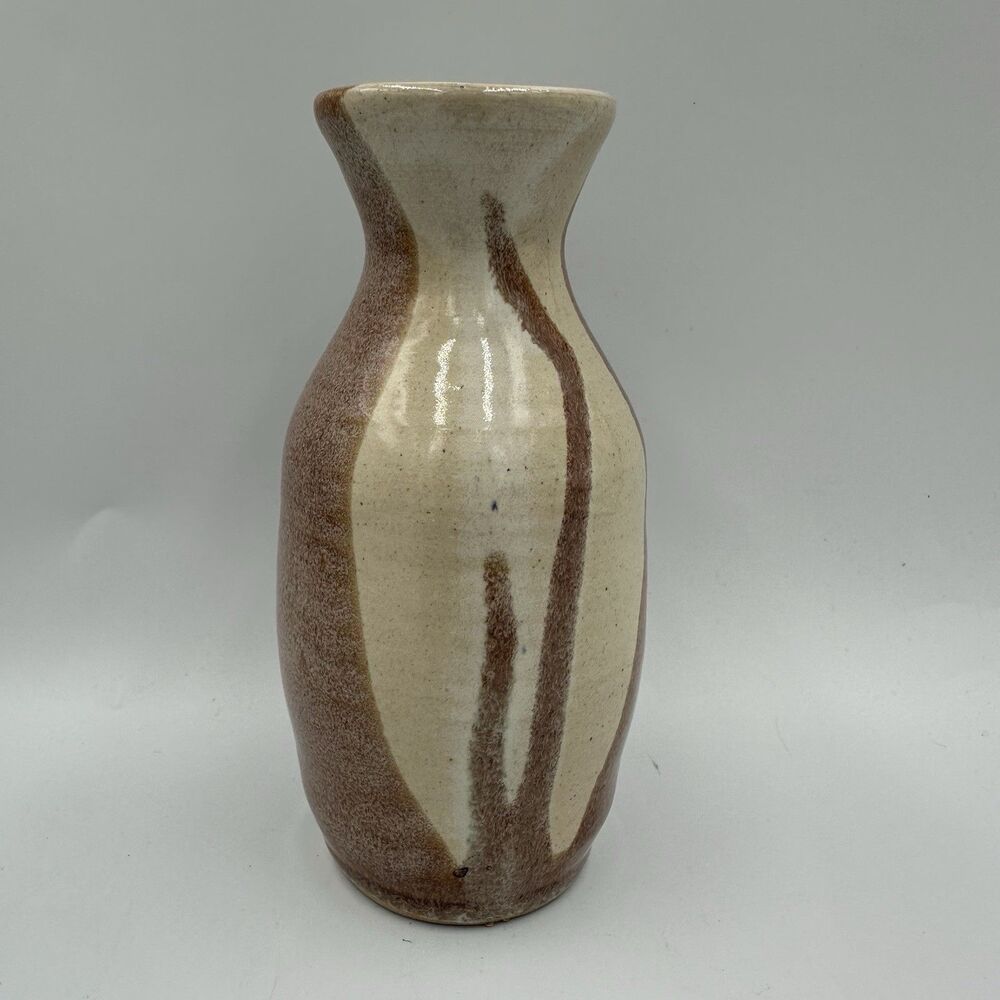 Vintage Signed Studio Pottery Vase 1996 Handmade Ceramic Art Pottery Brown Cream